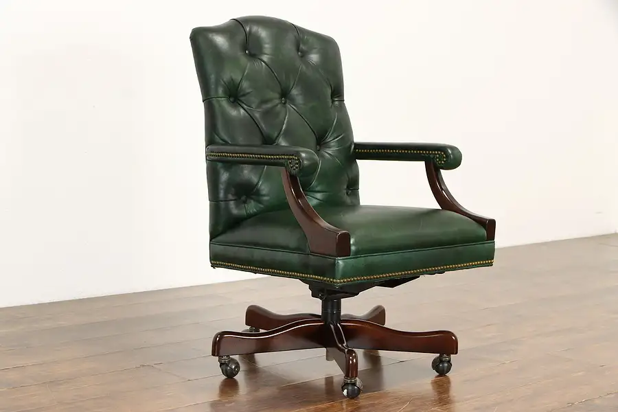 Main image of Green Leather Tufted Vintage Mahogany Swivel Adjustable Office Desk Chair