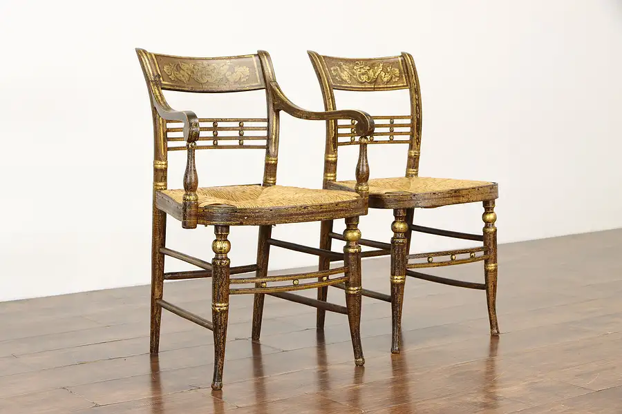 Main image of Pair of Federal Antique 1820 Hand Painted Rush Seat Chairs