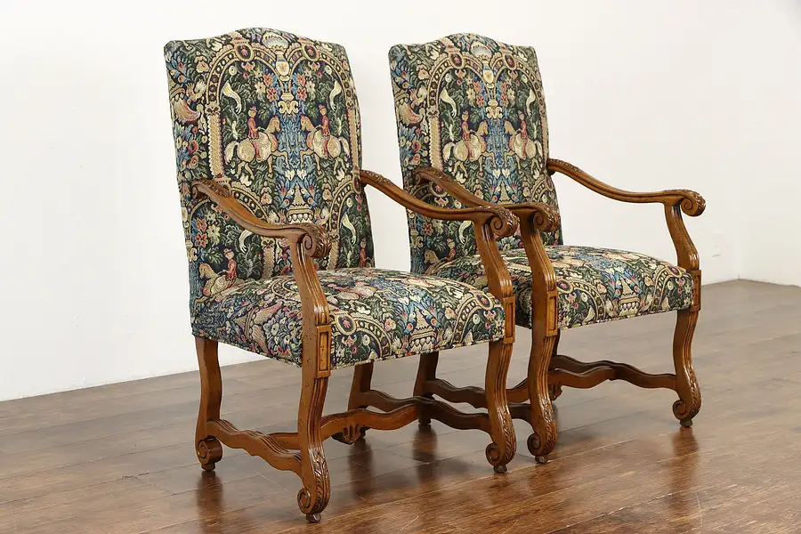 Main image of Pair of Renaissance Carved Vintage Chairs, Tapestry Upholstery