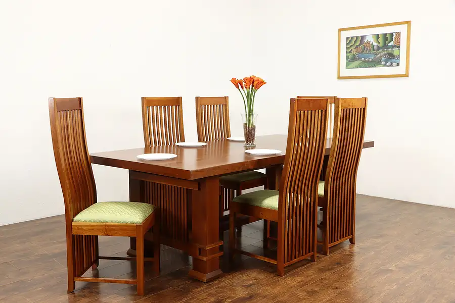 Main image of Arts & Crafts Mission Cherry Vintage Craftsman Dining Set Table, 6 Chairs