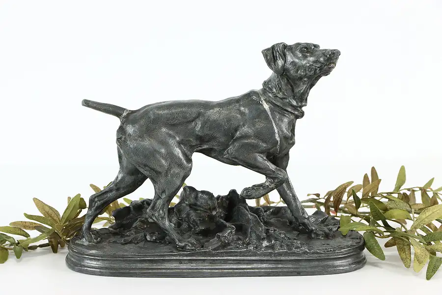 Main image of Hunting Dog Antique Metal Sculpture Signed Nich Mieller & Sons