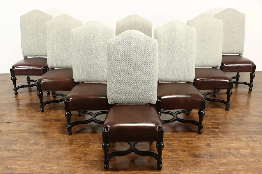 Main image of Set of 8 Large Custom Designer Vintage Dining Chairs, Leather Seats