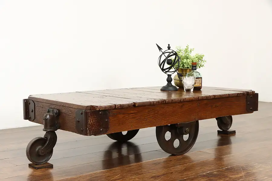 Main image of Industrial Salvage Antique Oak & Iron Railroad Cart, Coffee Table