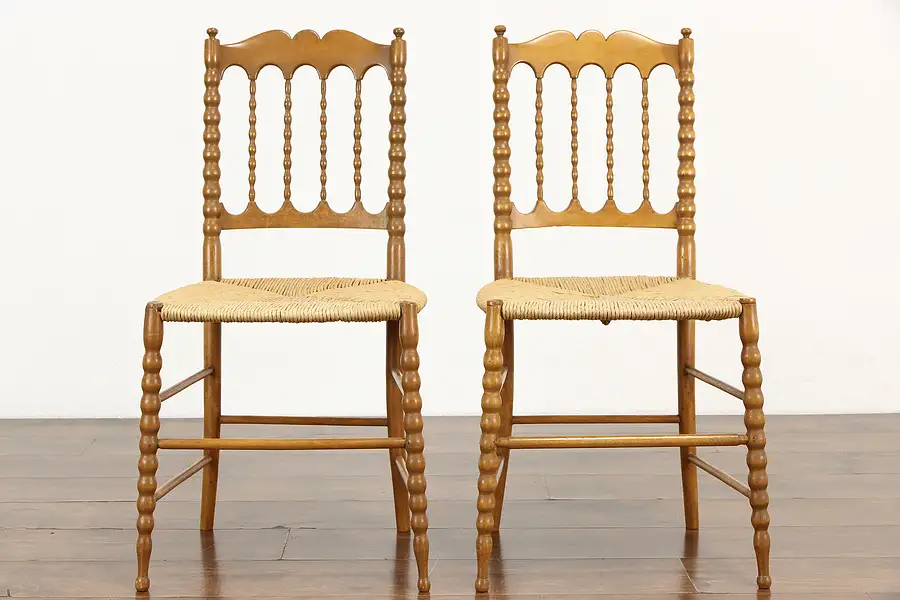 Main image of Victorian Pair of New York Carved Maple Farmhouse Rush Seat Chairs