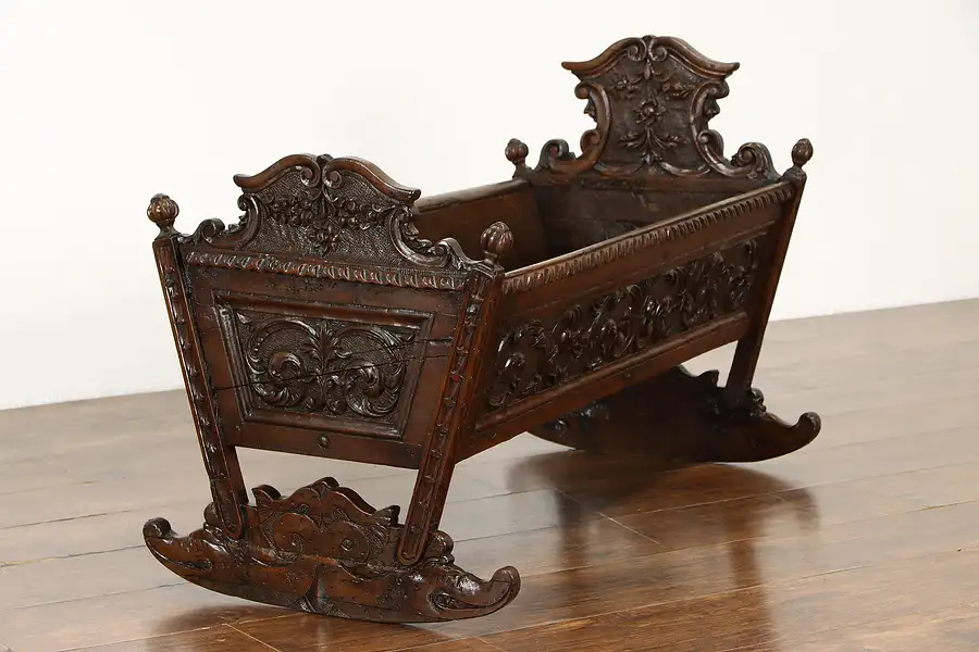 Main image of Walnut Antique 1700's German Baby Cradle Bed Carved Dolphins & Flowers