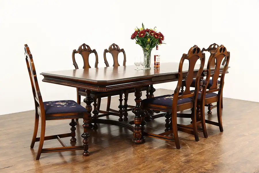 Main image of Tudor Carved Antique Walnut Dining Set, Table, 6 Chairs, Berkey & Gay