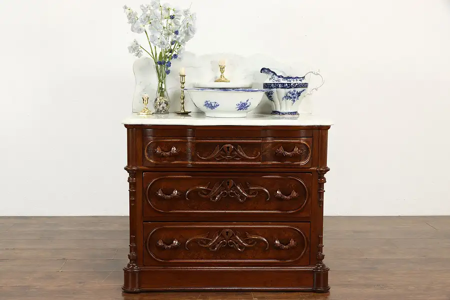 Main image of Victorian Antique Small Chest or Commode, Carved Pulls, Marble Top