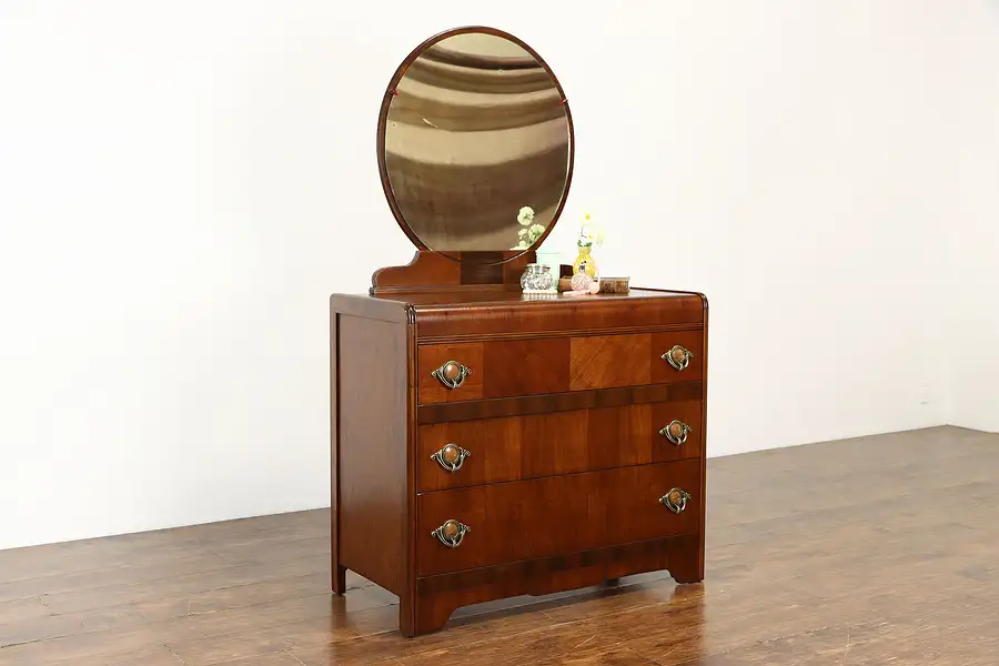 Main image of Art Deco Waterfall Vintage Chest or Dresser & Mirror, Bakelite Pulls