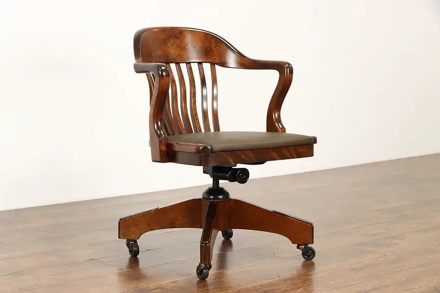 Main image of Vintage Swivel Adjustable Birch Office or Library Desk Chair Leather Seat