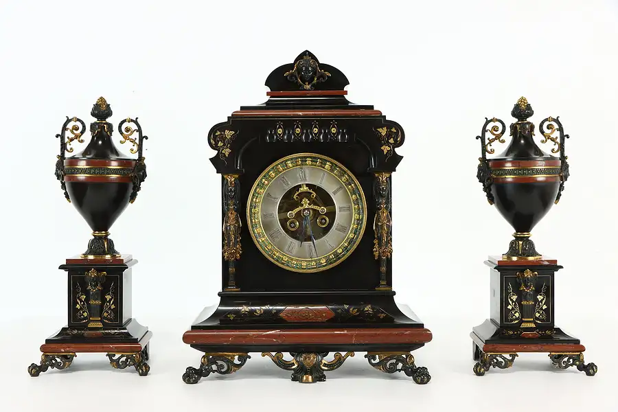 Main image of Mantel Clock Set, French Antique Black & Red Marble, Gold Leaf, Lourdelet