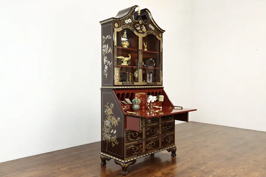 Main image of Chinese Hand Painted Lacquer Secretary Desk & Bookcase