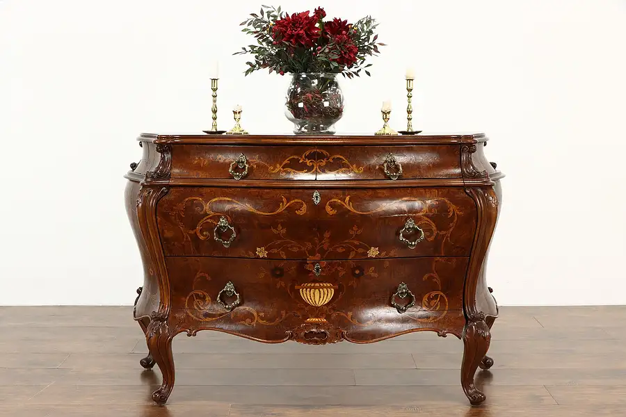 Main image of Bombe & Marquetry Antique Italian Linen Chest, Dresser or Commode