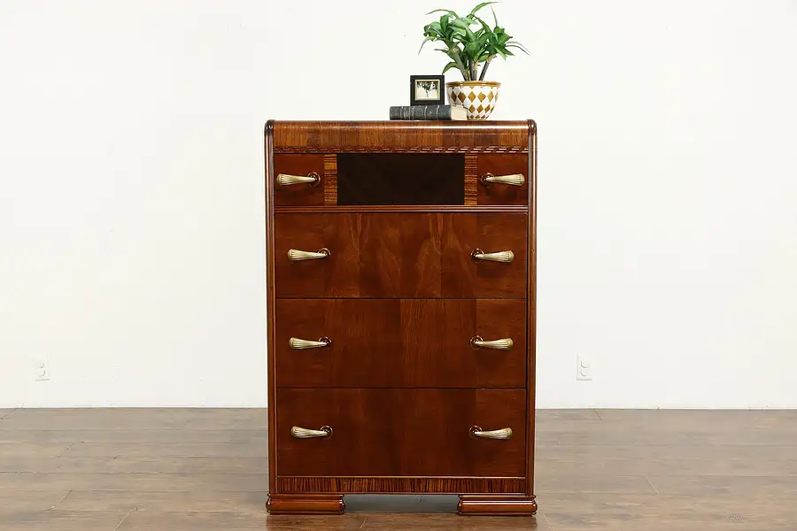 Main image of Art Deco Vintage Waterfall Design Highboy or Tall Chest, Bakelite Pulls