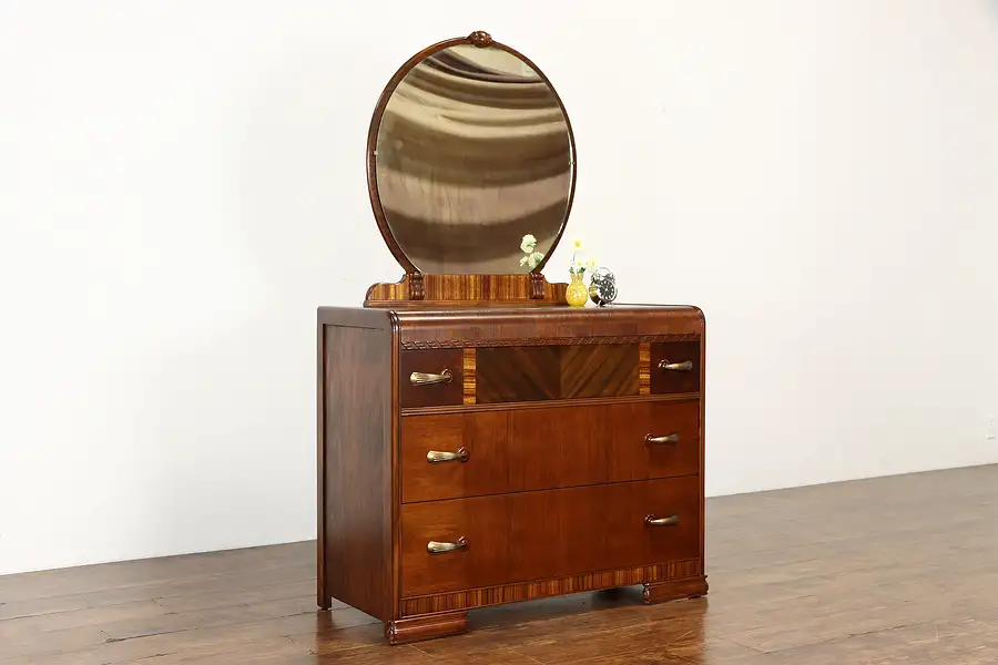 Main image of Art Deco Vintage Waterfall Design Dresser Chest, Mirror, Bakelite Pulls