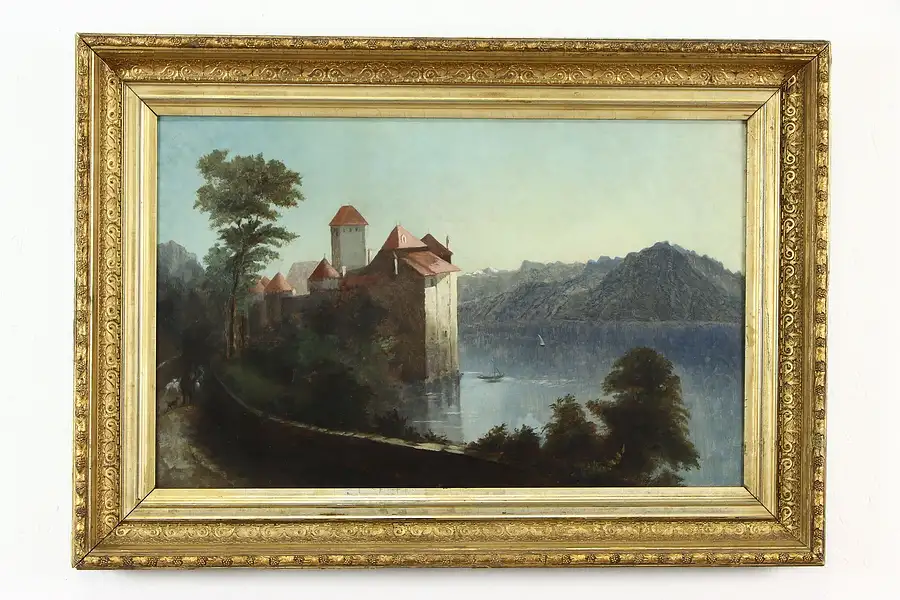 Main image of Castle & Lake Original Antique Oil Painting Hierschl-Minerbi 33 1/2"