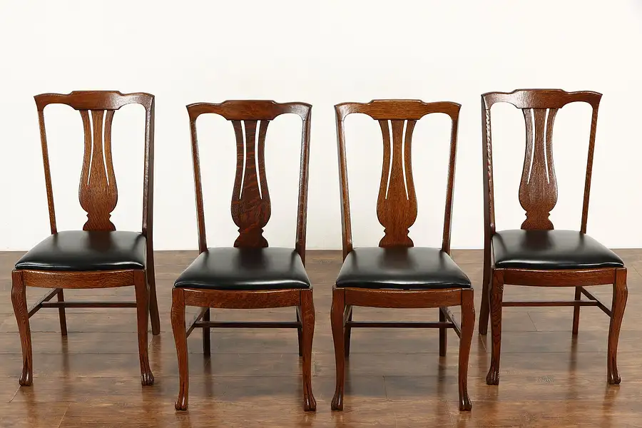 Main image of Set of 4 Carved Quarter Sawn Oak Antique Dining Chairs, Leather Seats