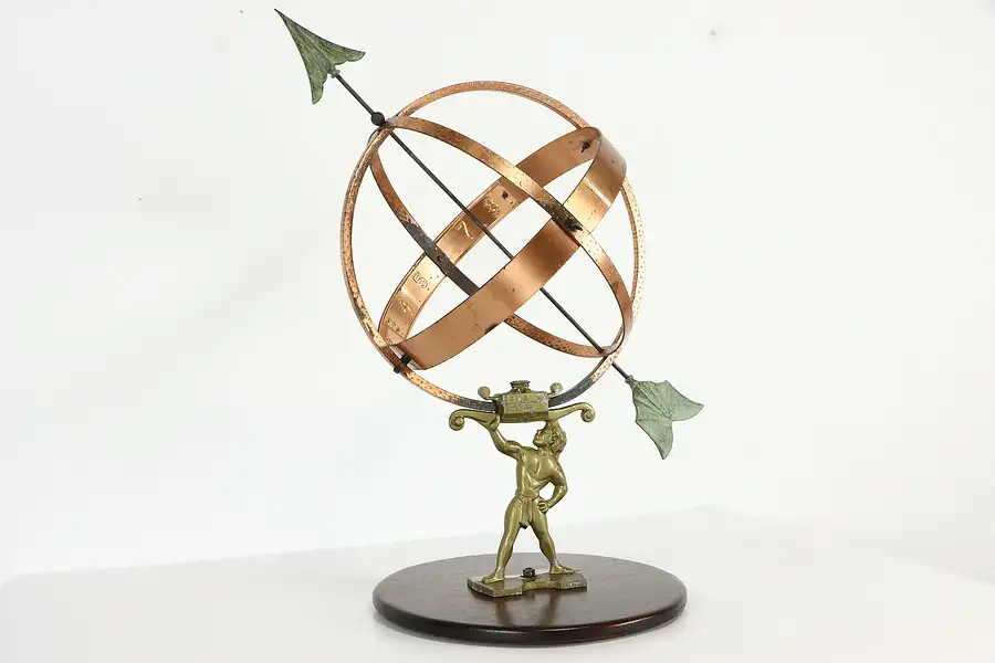 Main image of Copper Vintage Sundial Hercules Sweden, Mahogany Base