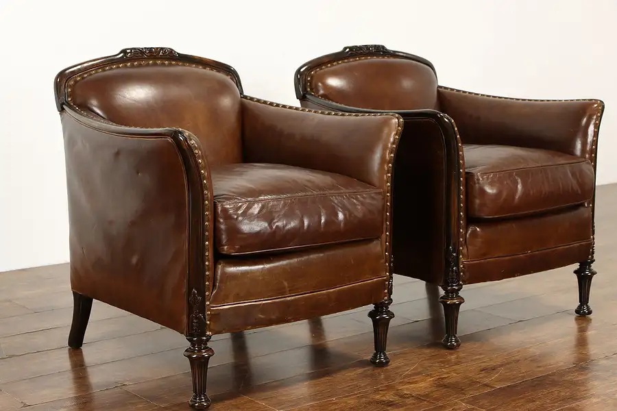 Main image of Pair of Traditional Farmhouse Leather Vintage Club Chairs, Crate & Barrel