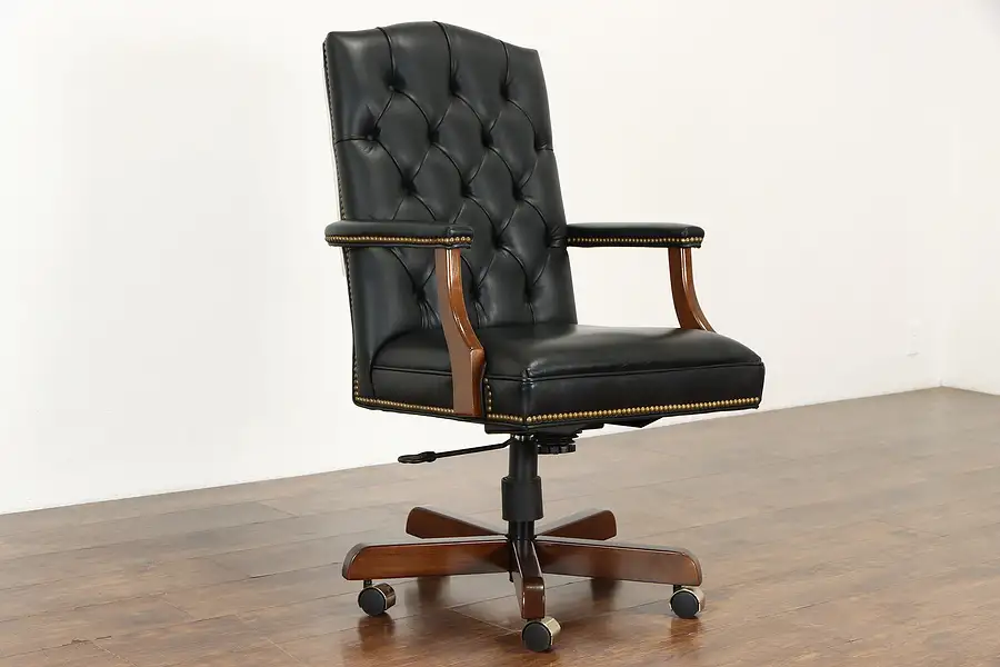 Main image of Tufted Leather Swivel & Adjustable Vintage Office or Library Desk Chair