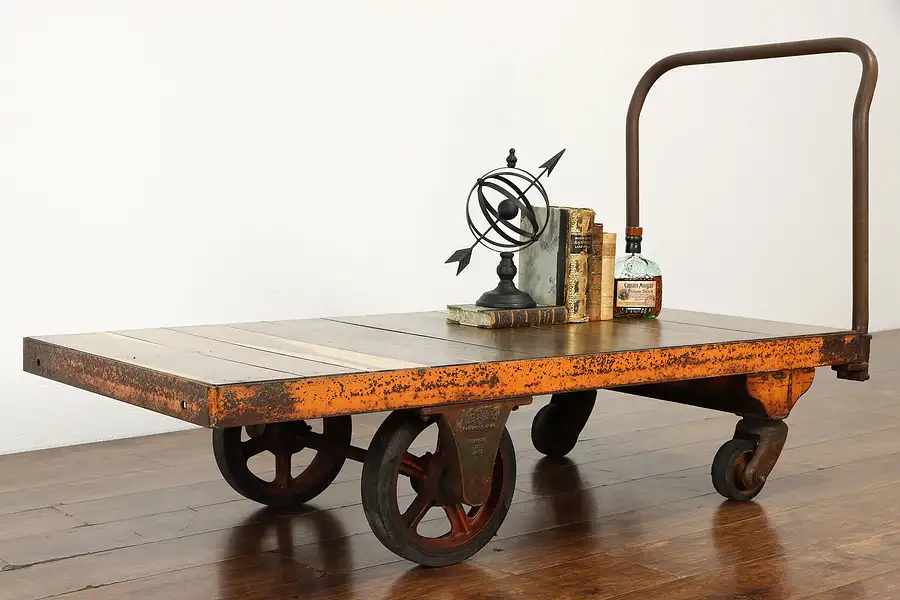 Main image of Industrial Salvage Antique Iron & Oak Factory Cart Coffee Table, Nutting