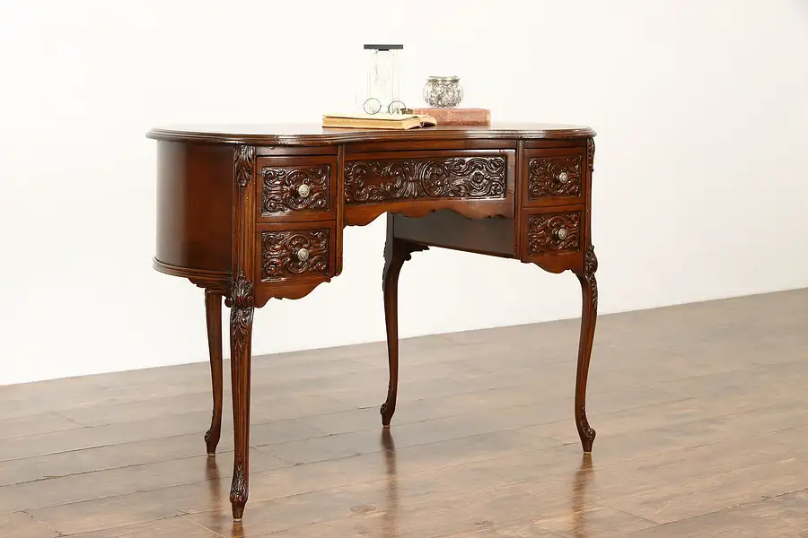 Main image of French Style Vintage Carved Walnut Kidney Shape Desk