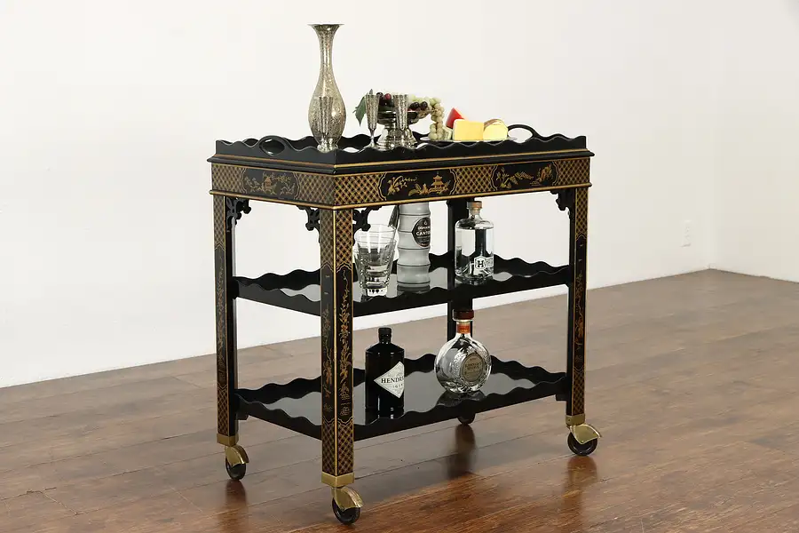 Main image of Hand Painted Lacquer Chinese Vintage Bar or Tea Cart, Glass Tray