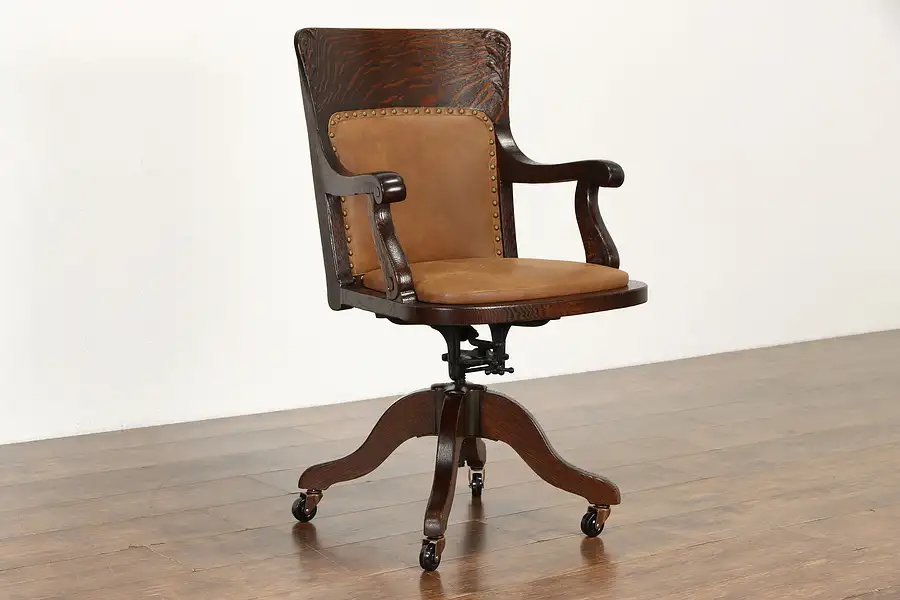 Main image of Oak Antique Swivel Adjustable Office or Library Desk Chair, New Leather