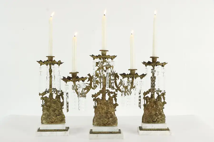 Main image of Victorian Antique 3 Pc Girandole Candelabra Set, Marble & Cherubs