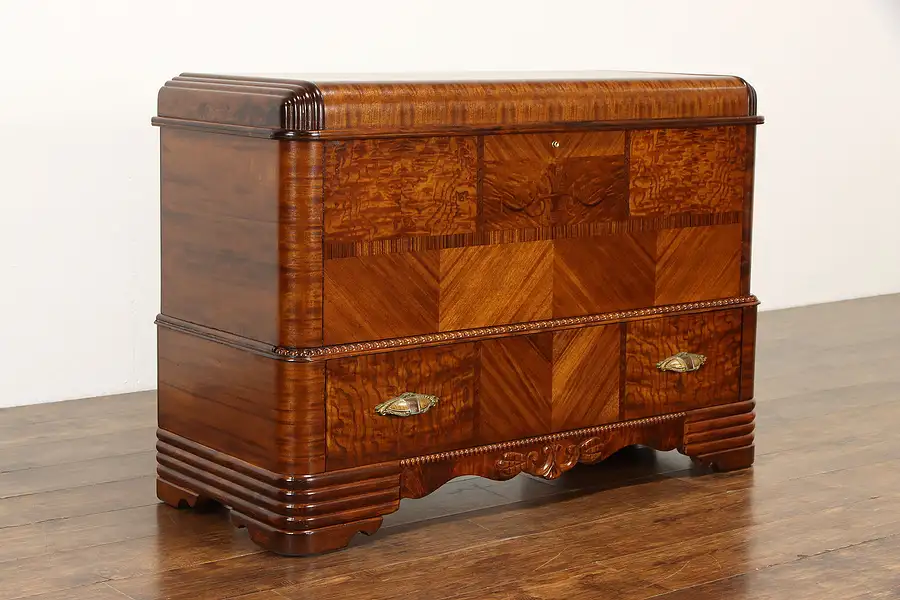 Main image of Art Deco Waterfall Vintage Cedar Chest or Trunk, Rosewood Banding, Drawer