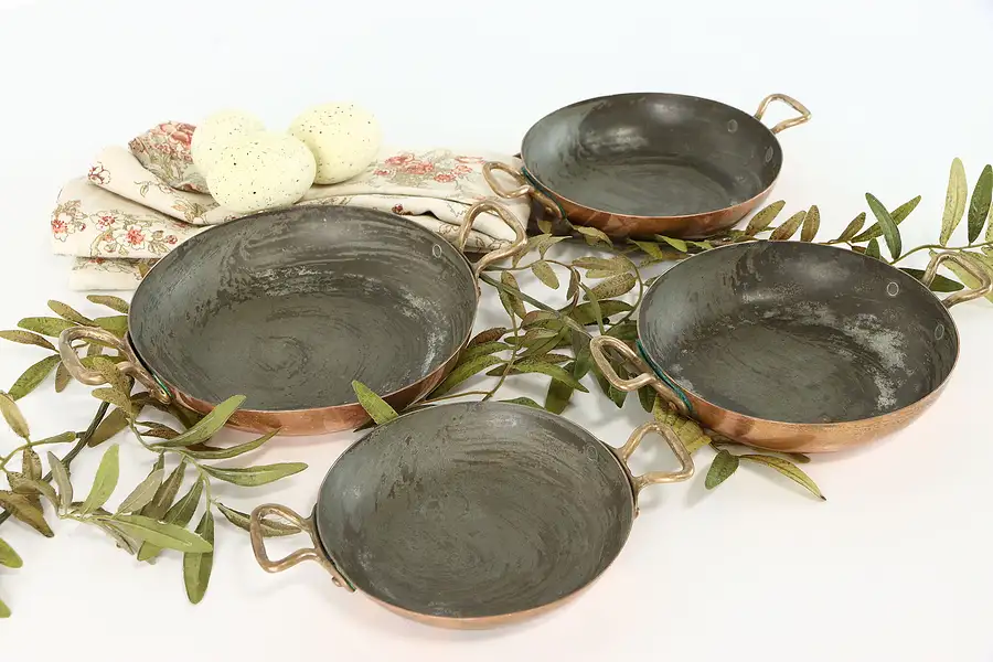 Main image of Set of 4 Vintage French Farmhouse Copper Pans or Dishes, Bazar Francais