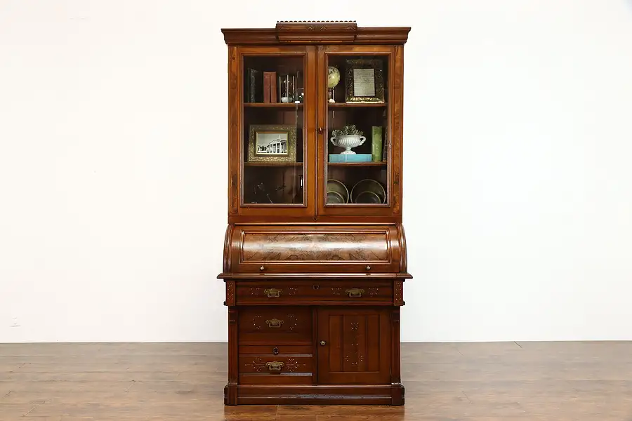 Main image of Victorian Eastlake Antique Walnut Cylinder Secretary Desk & Bookcase