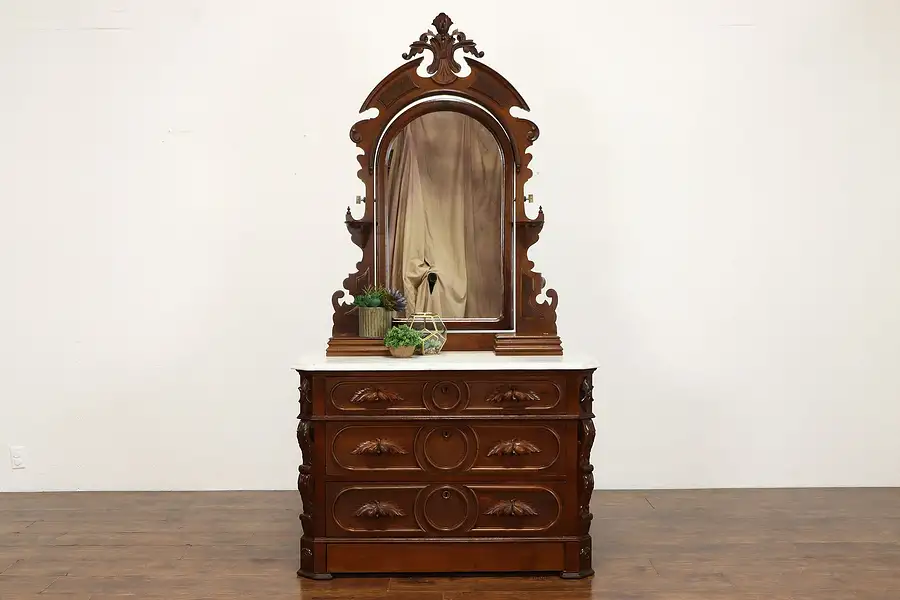 Main image of Walnut Victorian Antique Chest or Dresser, Jewelry Boxes, Mirror, Marble