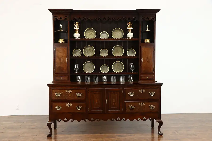 Main image of Oak Antique Welsh Dresser or Pewter Cupboard, Mahogany Banding Marquetry