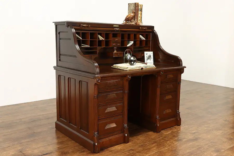 Main image of Victorian Eastlake Antique Walnut S Shape Roll Top Office Desk, Kelsall