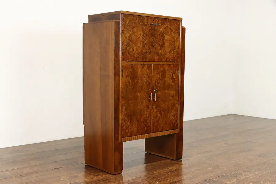 Main image of Art Deco Antique Walnut Burl Lift Top Drop Front Bar Cabinet, Berick