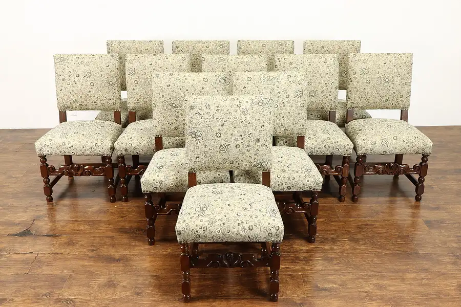 Main image of Set of 12 Antique Oak Dining Chairs, Carved Faces, New Upholstery