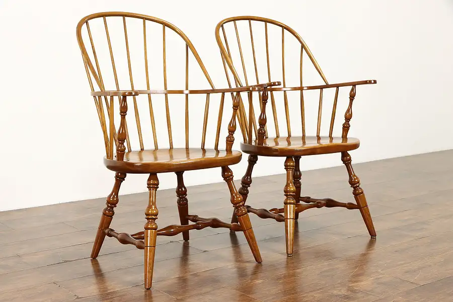 Main image of Pair of Cherry Vintage Farmhouse Windsor Dining Chairs with Arms Stickley