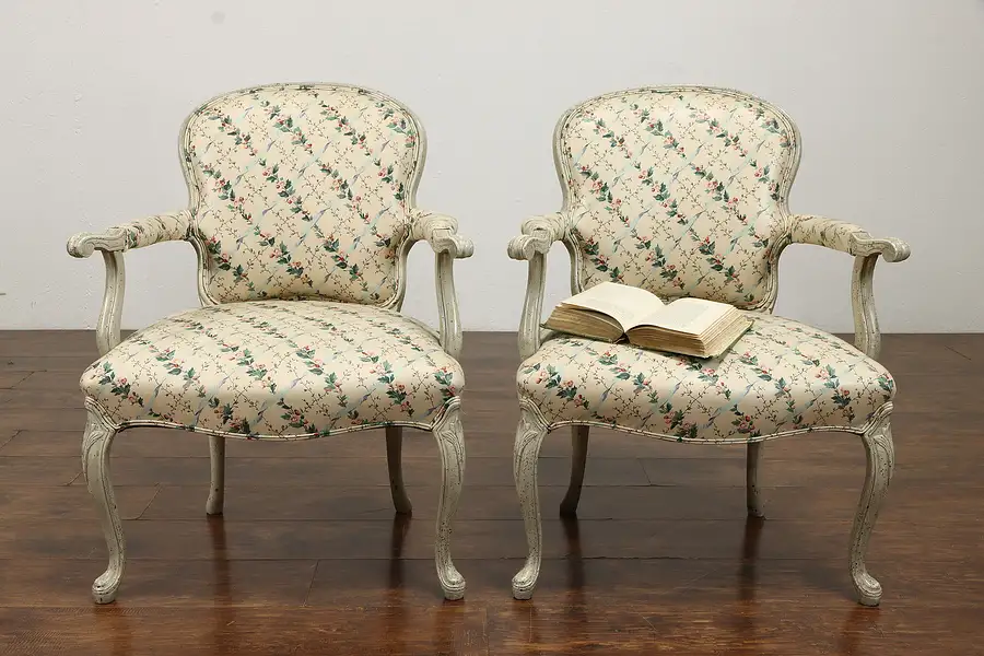 Main image of Pair of Farmhouse Country French Hand Painted, Carved Vintage Chairs