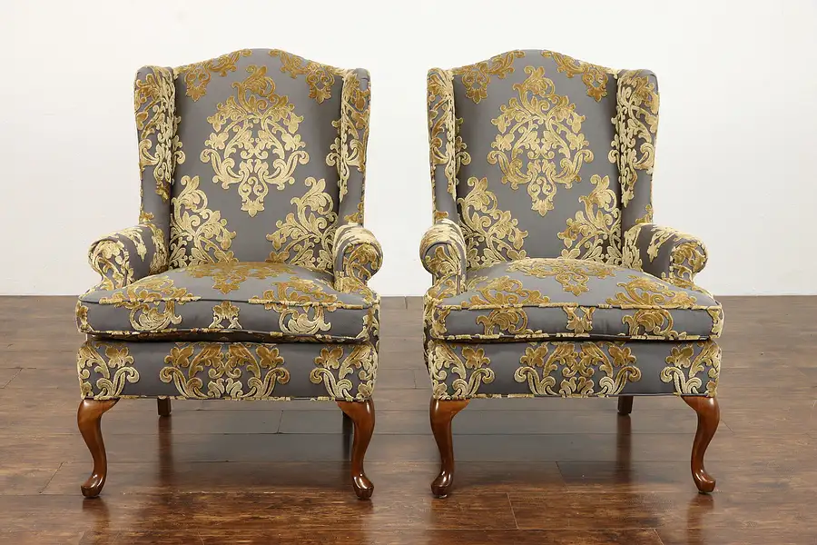 Main image of Pair of Vintage Wing Back Chairs, Mahogany Feet, Cut Velvet Upholstery