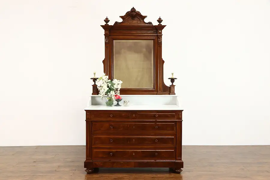 Main image of Italian Walnut Renaissance Victorian Chest, Dresser, Marble Top, Mirror