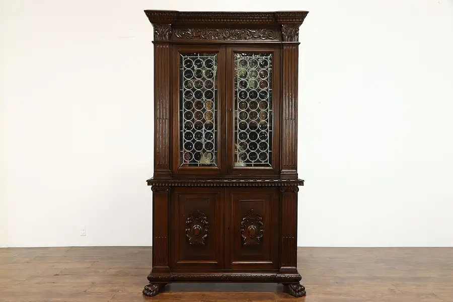 Main image of Italian Antique Rondel Glass Carved Walnut China Cabinet or Bookcase