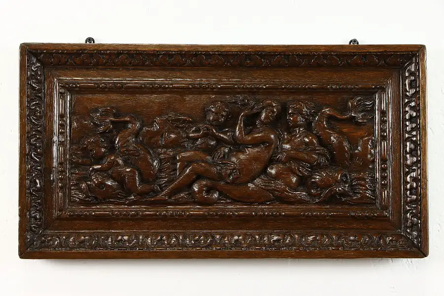 Main image of Carved Antique Classical Oak Panel Dolphin, Mermaid, Cupids Scene 23"