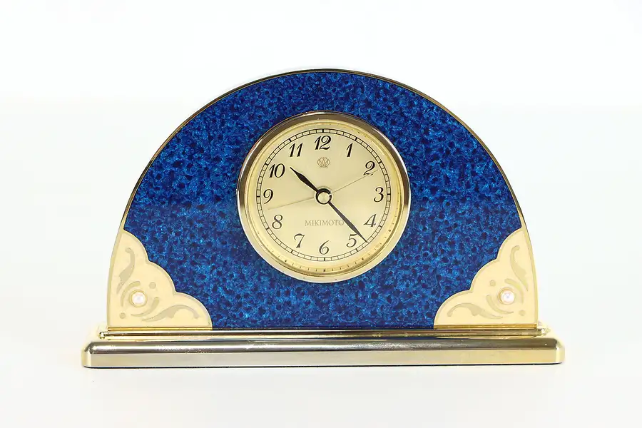 Main image of Art Deco Vintage Blue Enamel, Pearl, Gold Plate Brass Clock, Mikimoto