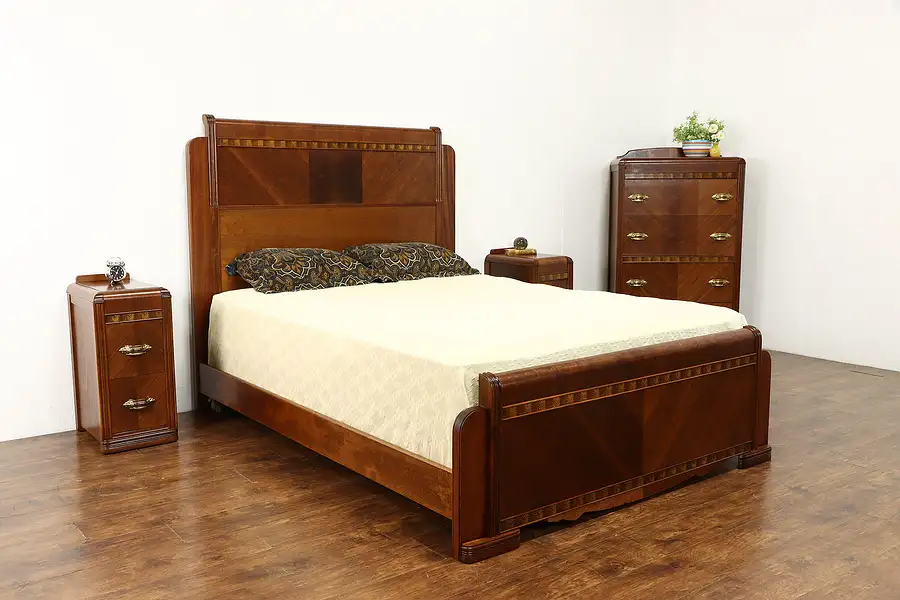 Main image of Art Deco Waterfall Vintage 4 Pc Walnut Bedroom Set, Queen Size Bed