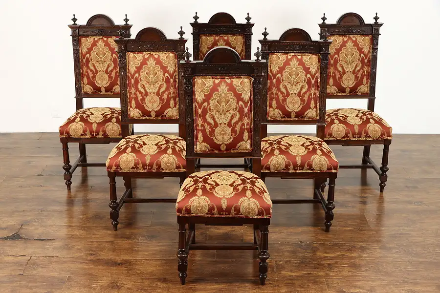 Main image of Set of 6 Italian Walnut Antique Dining Chairs, Hand Carved Faces