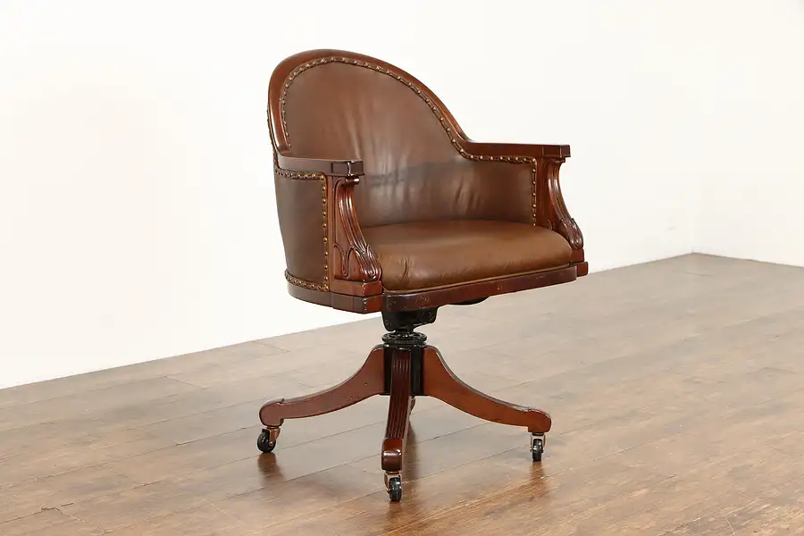 Main image of Mahogany Antique Swivel Adjustable Leather Office or Library Desk Chair