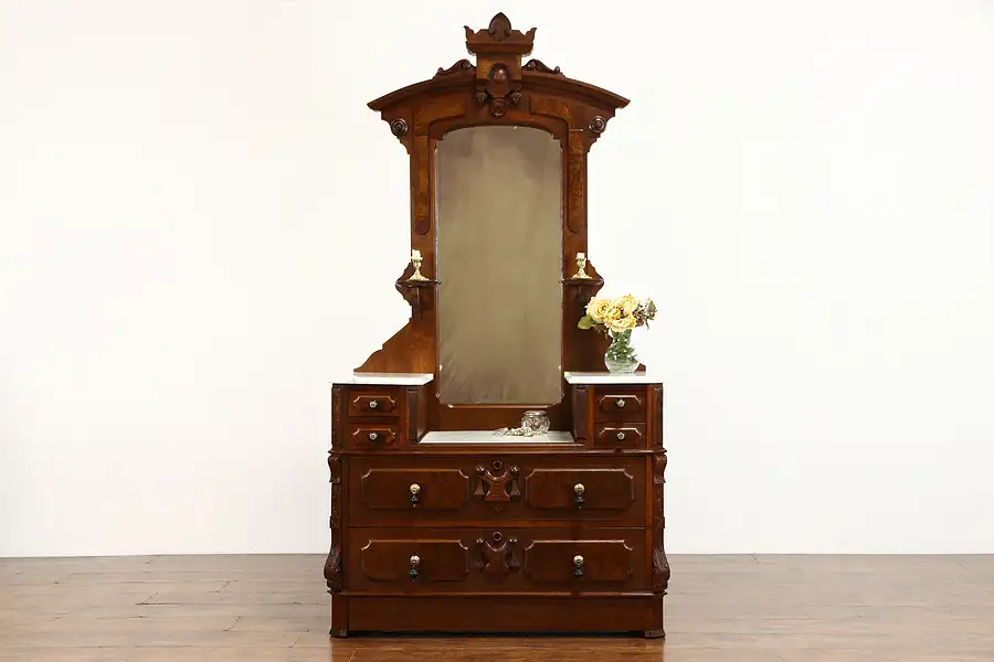 Main image of Victorian Renaissance Antique Walnut Marble Top Chest or Dresser & Mirror