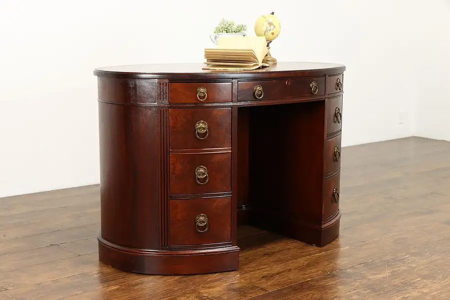 Main image of Georgian Style Oval Leather Top Antique Mahogany Office or Library Desk