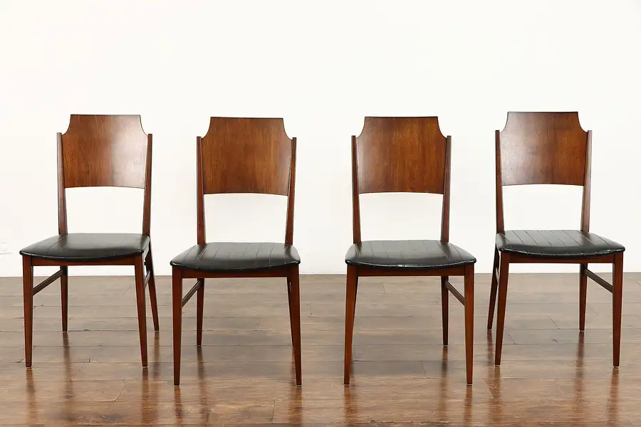 Main image of Set of 4 Midcentury Modern Vintage Walnut Dining Chairs, Pleated Vinyl