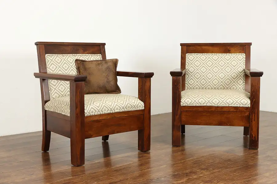 Main image of Pair of Mission Arts & Crafts Antique Throne Hall Chairs, New Upholstery